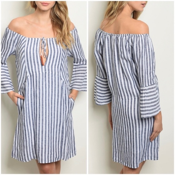 Dresses & Skirts - Striped off shoulder linen dress. Size Medium